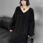 Irregularity Long Sleeves Contrast Color Sequined Shiny Split-Joint Tasseled V-Neck Midi Dresses Sweater Dresses