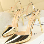 Belt Buckle Pointed-Toe Shiny Split-Joint Pumps Sandals