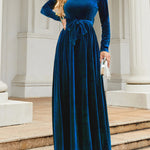 Long Sleeves Wrap Belted Pleated Solid Color Zipper Round-Neck Maxi Dresses