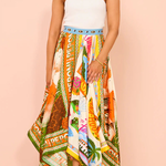 Summer Destination Satin Unique Print Elastic Waist Irregular Hem Maxi Skirt