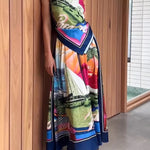 Seaside Holiday Satin Unique Print Knotted Scarf Top and Elastic Waist Loose Maxi Skirt Set