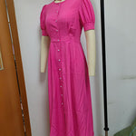 Puff Sleeves Short Sleeves Buttoned Solid Color Round-Neck Midi Dresses Shirt Dress