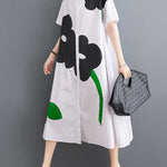 Loose Short Sleeves Buttoned Floral Printed Lapel Collar Midi Dresses