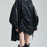 High-Low Long Sleeves Drawstring Pleated Solid Color Stand Collar Mini Dresses