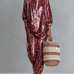 Women's Burgundy Glamorous Sequin Striped - Trimmed Oversized Loungewear Set