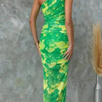 Night Blooms Mesh Overlay Printed One Shoulder Ruched Stretch Maxi Dress