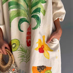 A-line Long Sleeves Contrast Color Pleated Pockets Printed Split-back Split-Joint Off-the-shoulder Maxi Dresses