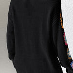 Black Crochet Flower Splicing V-Neck Pullover Sweater