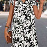 A-Line Ruffle Sleeves Printed Split-Joint Tied V-Neck Mini Dresses