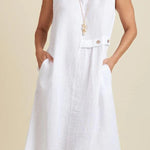 Linen Blend Solid Color Round Neck Sleeveless Loose Pocket Midi Dress