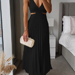 V Neck Cut Out Waist Sleeveless Pleated Maxi Dress