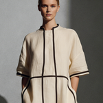 Women's Modern Linen Blend Beige Stand-Collar Half-Sleeve Contrast-Line Pocketed Maxi Dress