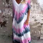 A-Line Loose Contrast Color Pockets Tie-Dyed V-Neck Maxi Dresses