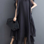 Loose Ruffle Sleeves Falbala Ruffled Solid Color Round-neck Midi Dresses