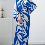 Original Batwing Sleeves Long Sleeves Contrast Color Printed Pleated V-Neck Midi Dresses