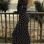 Chic Statement Polka Dot Print Off Shoulder Ruched Stretch Maxi Dress