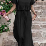 Casual loose solid color short-sleeved wide-leg pants two-piece set