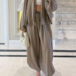 Loose-fitting Zippered Jacket with Lantern Sleeves + High-Waisted Drawstring Wide-Leg Pants Set