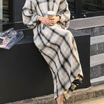 Long Sleeves Loose Plaid Split-Joint Tied Waist Lapel Maxi Dresses Shirt Dress