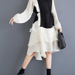 High-Low Long Sleeves Contrast Color Ruffle Trim Split-Joint Round-Neck Midi Dresses