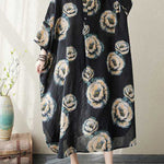Loose Three-quarter Sleeves Buttoned Flower Print Stand Collar Midi Dresses