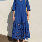 A-Line Long Sleeves Hollow Pleated Solid Color Split-Joint V-Neck Maxi Dresses