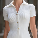 Chic White Ribbed Knit Polo Mini Dress With Gold Button Detail
