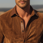 Men's Classic Western Style PU Leather Lapel Slim-fit Faux Suede Long-sleeved Shirt