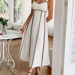 A-Line High Waisted Contrast Color Zipper Spaghetti-Neck Midi Dresses