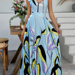 A-Line High Waisted Bowknot Contrast Color Pleated Printed Split-Joint Zipper V-Neck Maxi Dresses
