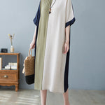 Half Sleeves Loose Contrast Color Round-Neck Midi Dresses