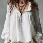 Vintage Zippered Pleated Neck Ruffle Cuffs Blouse