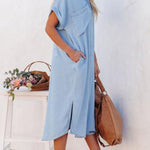 Fashion Solid Color Denim Short Sleeve Long Slit Shirt Dress