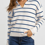 Striped Long Sleeve Polo V Neck Pullover Sweater