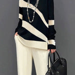 Long Sleeves Loose Contrast Color High Neck Sweater Tops