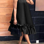 A-Line High Waisted Pleated Ruffle Trim Solid Color Round-Neck Midi Dresses