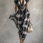 Women's Linen Blend Plaid V-neck Cap Sleeve Belt Maxi Dress