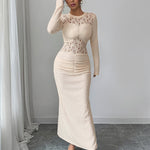 Bodycon Long Sleeves Hollow Lacy Pleated Solid Color Split-Back Split-Joint Zipper Round-Neck Maxi Dresses