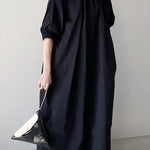 Loose Puff Sleeves Pleated Split-Joint Zipper Stand Collar Maxi Dresses Shirt Dress