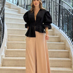 High-Low Puff Sleeves Asymmetric Buttoned Solid Color Deep V-Neck Blouses&Shirts Tops