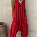 Let's Chill Pocketed Half Button Hooded Loose Jumpsuit