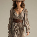 Women's Beige - Plaid Bohemian Chiffon Ruffled Midi Dress