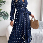 A-Line High Waisted Elasticity Pleated Polka-Dot Split-Joint Tied Waist V-Neck Midi Dresses Shirt Dress