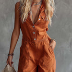 Casual Fashion Western V-neck Front-button Sleeveless Rust-orange Denim Jumpsuit