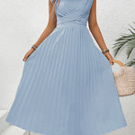 Loose Raglan Sleeve Elasticity Pleated Solid Color Split-Joint Tied Waist Round-Neck Midi Dresses