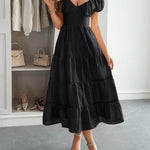 A-Line Loose Backless Pleated Solid Color Tied V-Neck Midi Dresses