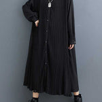 A-Line Long Sleeves Buttoned Pleated Pockets Split-Joint Lapel Midi Dresses Shirt Dress