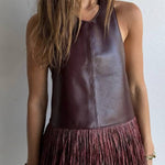 Multi-Color PU Leather Backless Tassel Sleeveless Top