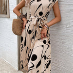 High Waisted Sleeveless Abstract Printed Contrast Color Pleated Polka-Dot Split-Joint Tied Waist Round-Neck Midi Dresses