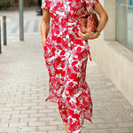 Red marine life print V-neck short-sleeved waist dress